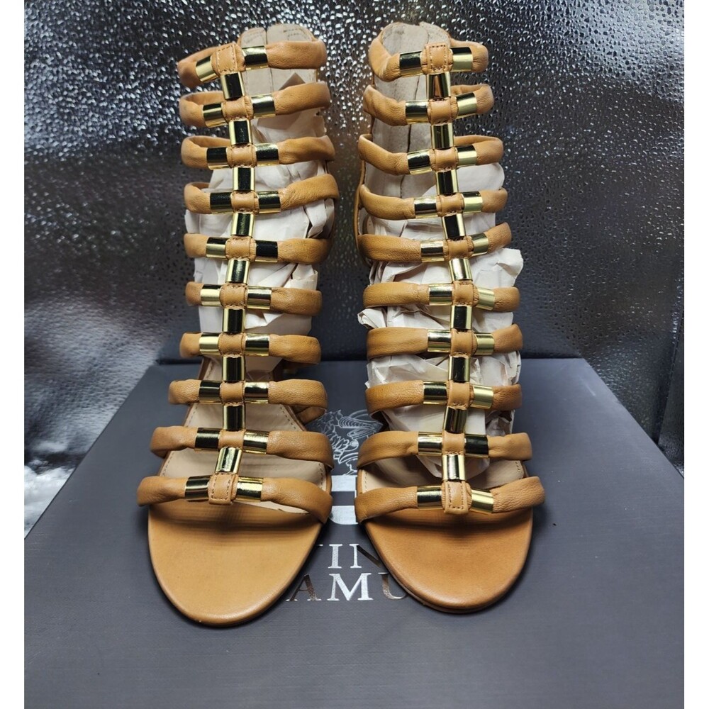 Vince Camuto Troy Tan Nappa Strappy Stiletto Heels Gold Embellishments (US-SZ8M)